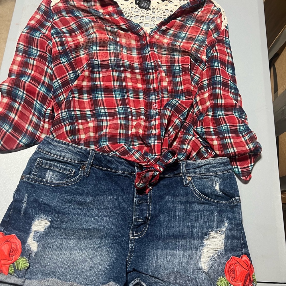 Red Plaid Shirt and Denim Shorts Set
